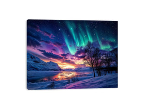 Northern lights landscape with snowy mountains and colorful sky reflection luxury wall art