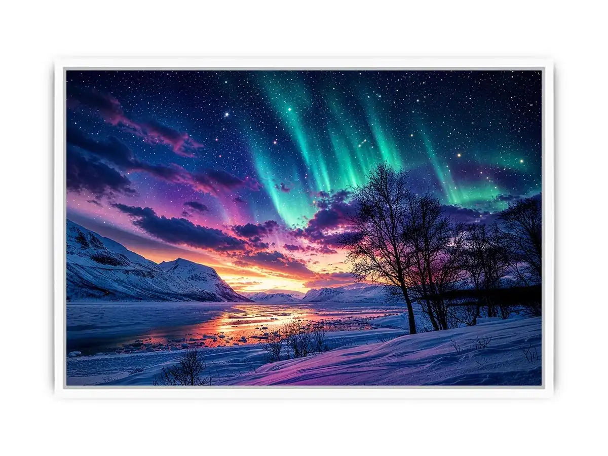 Northern lights landscape with snowy mountains and colorful sky reflection luxury wall art