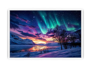 Northern lights landscape with snowy mountains and colorful sky reflection luxury wall art