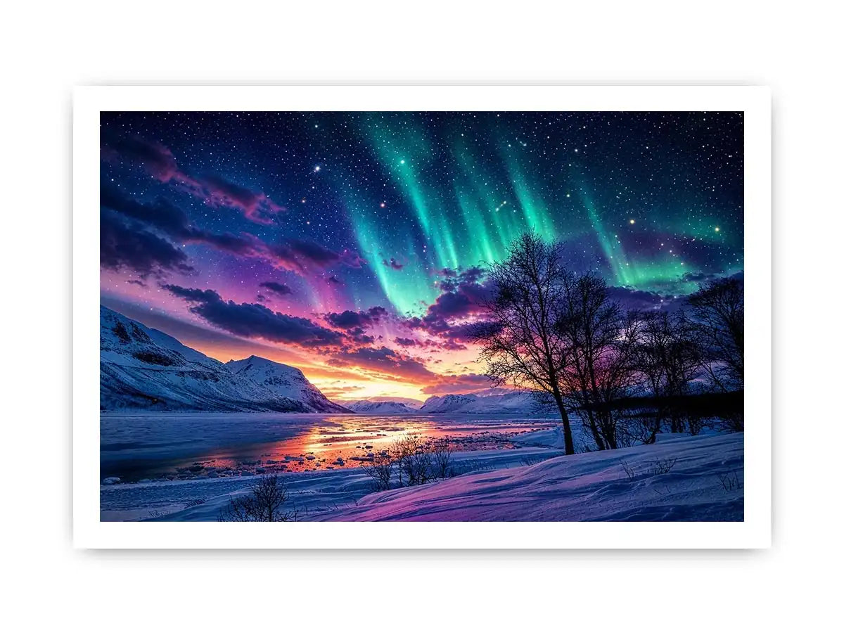 Northern lights landscape with snowy mountains and colorful sky reflection luxury wall art