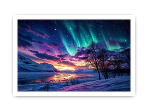 Northern lights landscape with snowy mountains and colorful sky reflection luxury wall art