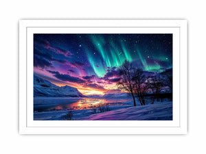 Northern lights landscape with snowy mountains and colorful sky reflection luxury wall art