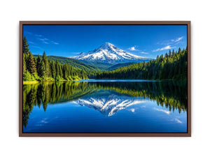 Mountain lake reflection with forest and snow peak in bright natural tones luxury wall art