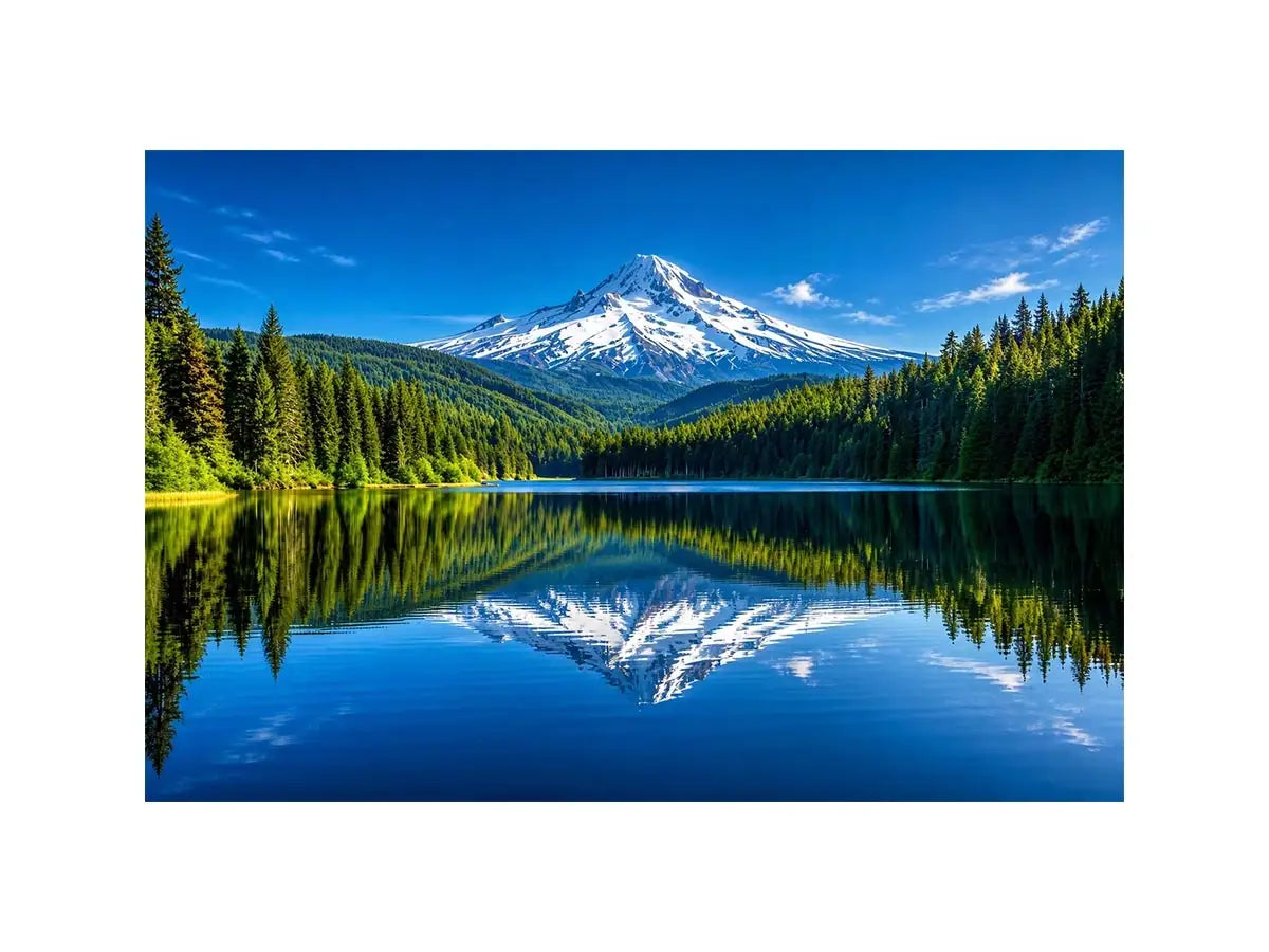 Mountain lake reflection with forest and snow peak in bright natural tones luxury wall art
