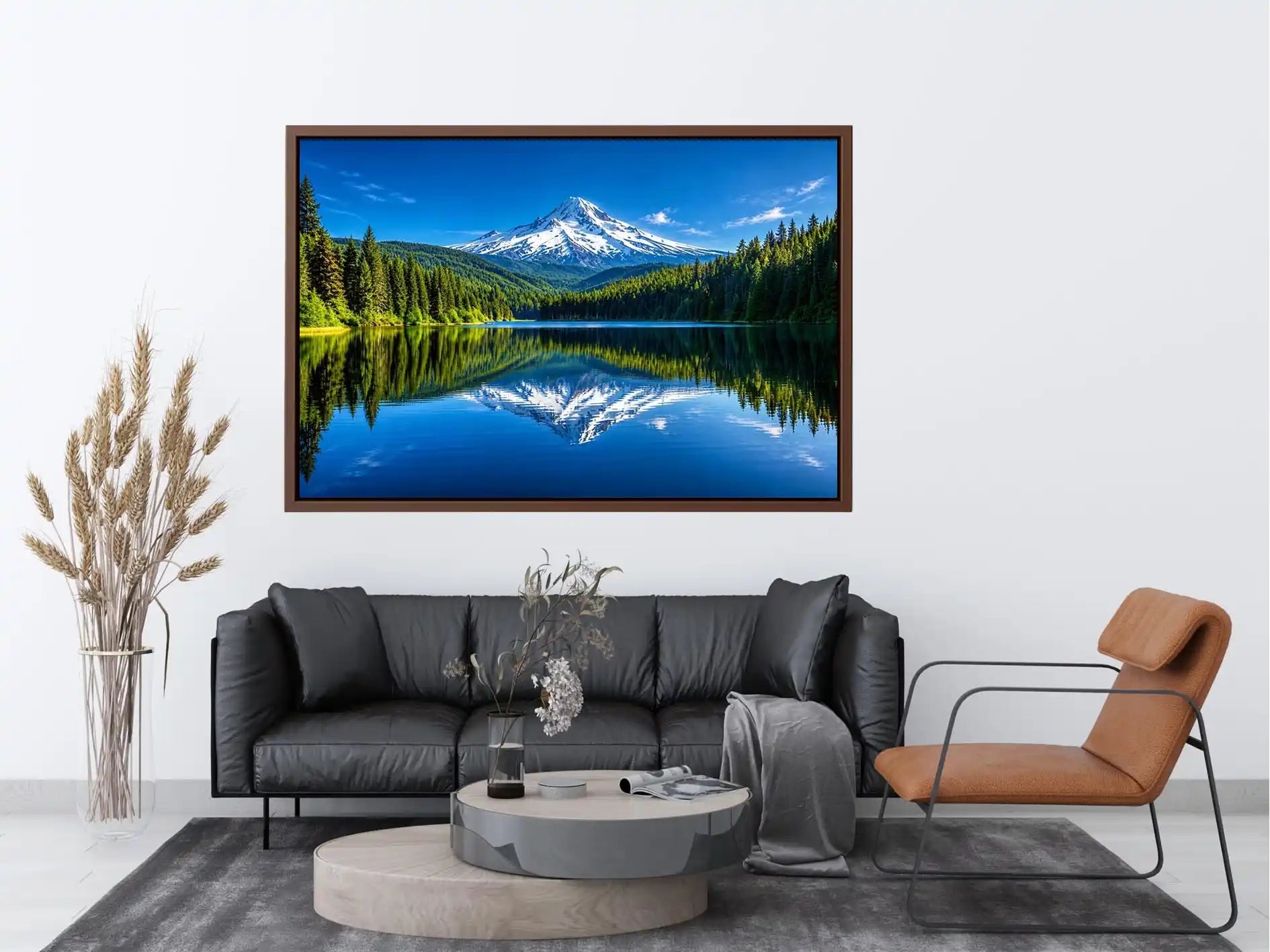 Mountain lake reflection with forest and snow peak in bright natural tones luxury wall art