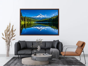 Mountain lake reflection with forest and snow peak in bright natural tones luxury wall art