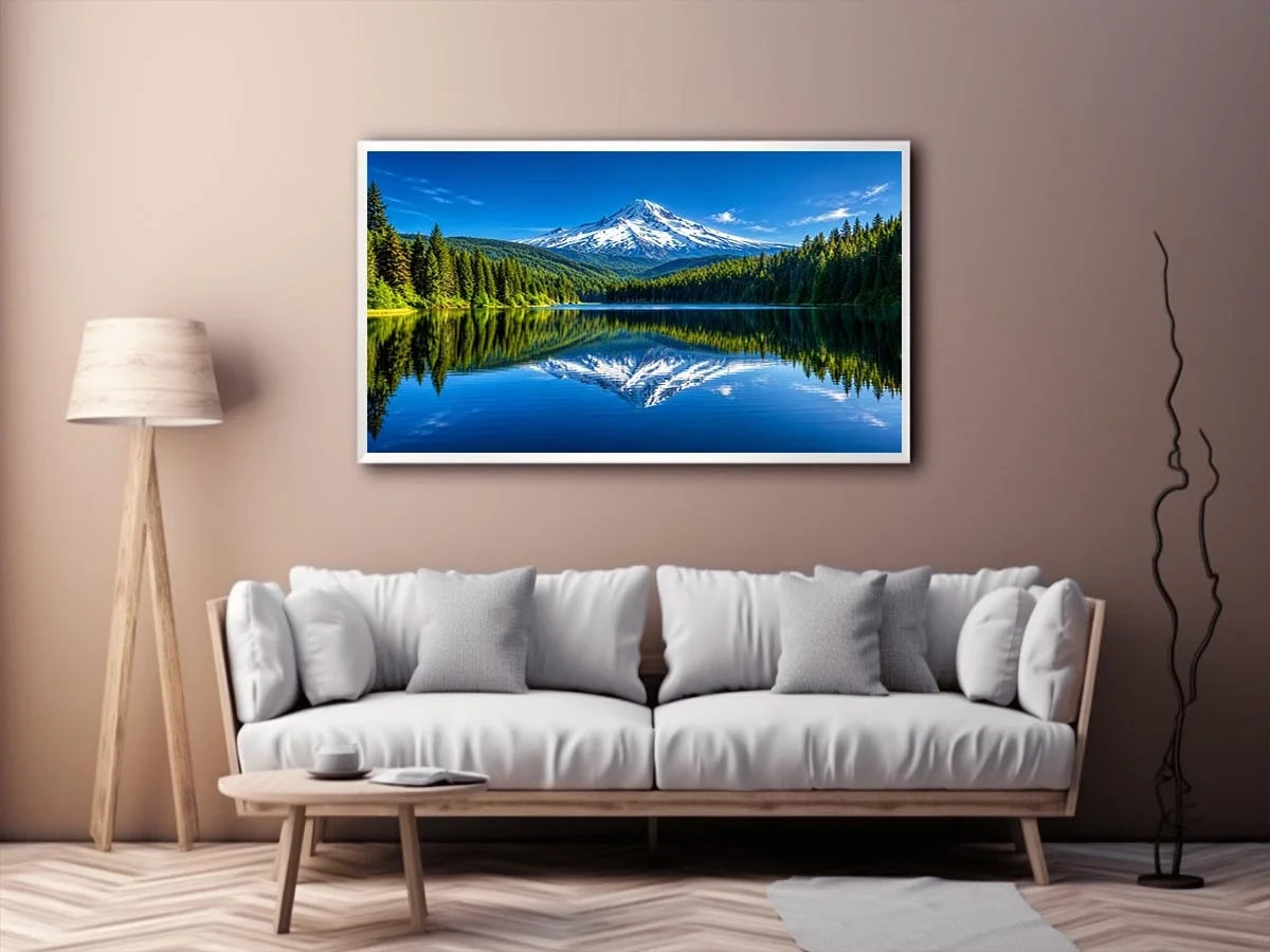 Mountain lake reflection with forest and snow peak in bright natural tones luxury wall art