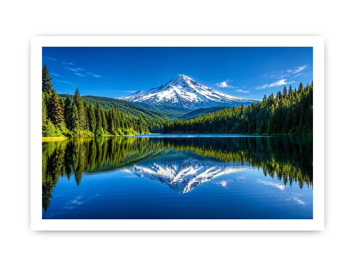 Mountain lake reflection with forest and snow peak in bright natural tones luxury wall art