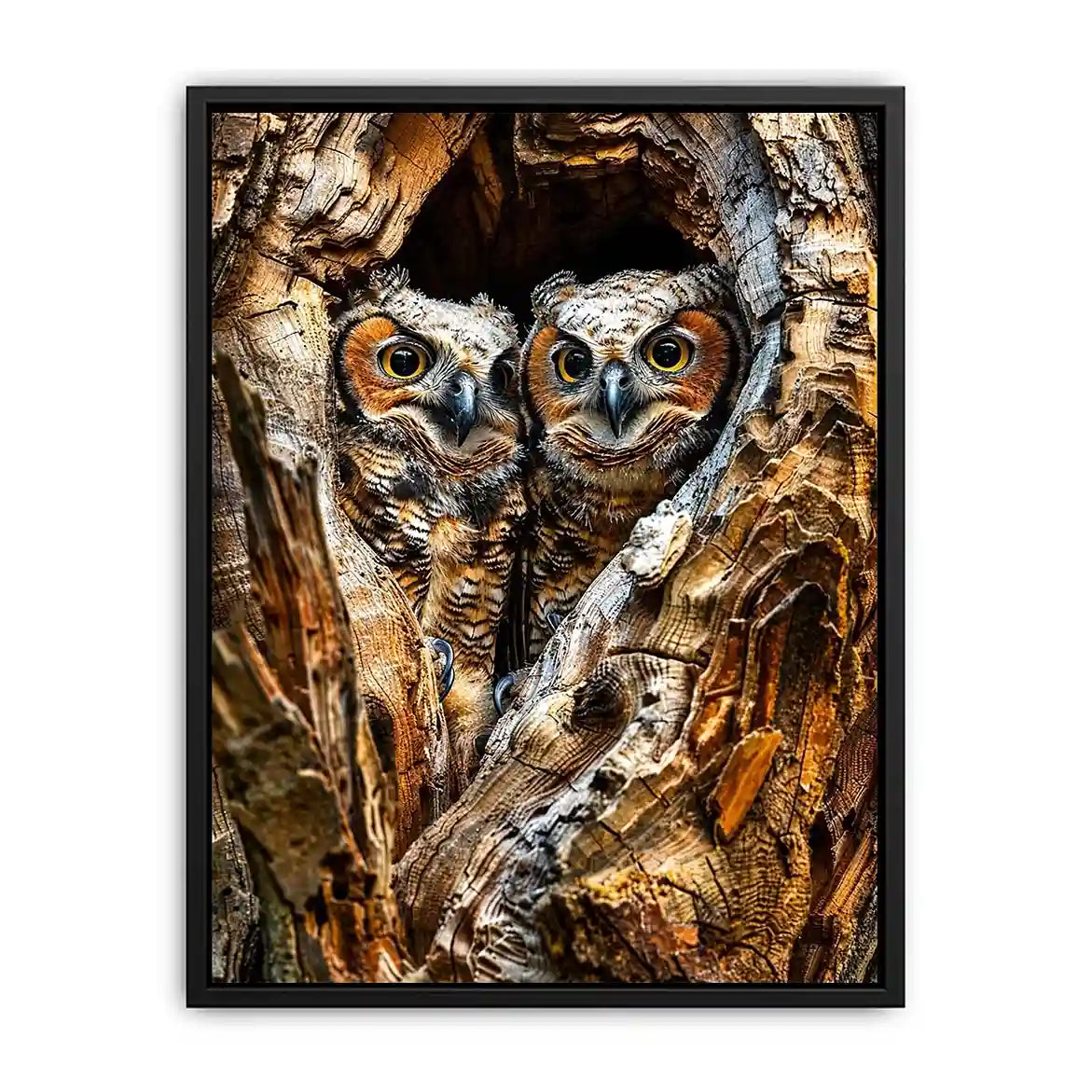 Two owls in tree hollow wildlife photography with soft natural tones rustic luxury wall art