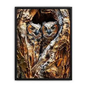 Two owls in tree hollow wildlife photography with soft natural tones rustic luxury wall art