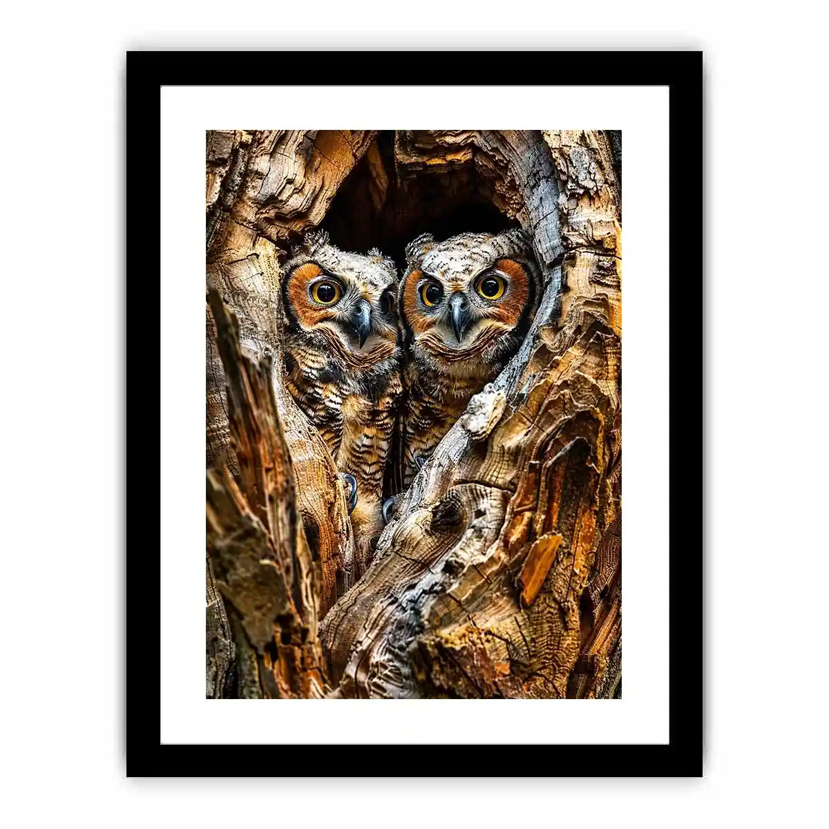 Two owls in tree hollow wildlife photography with soft natural tones rustic luxury wall art
