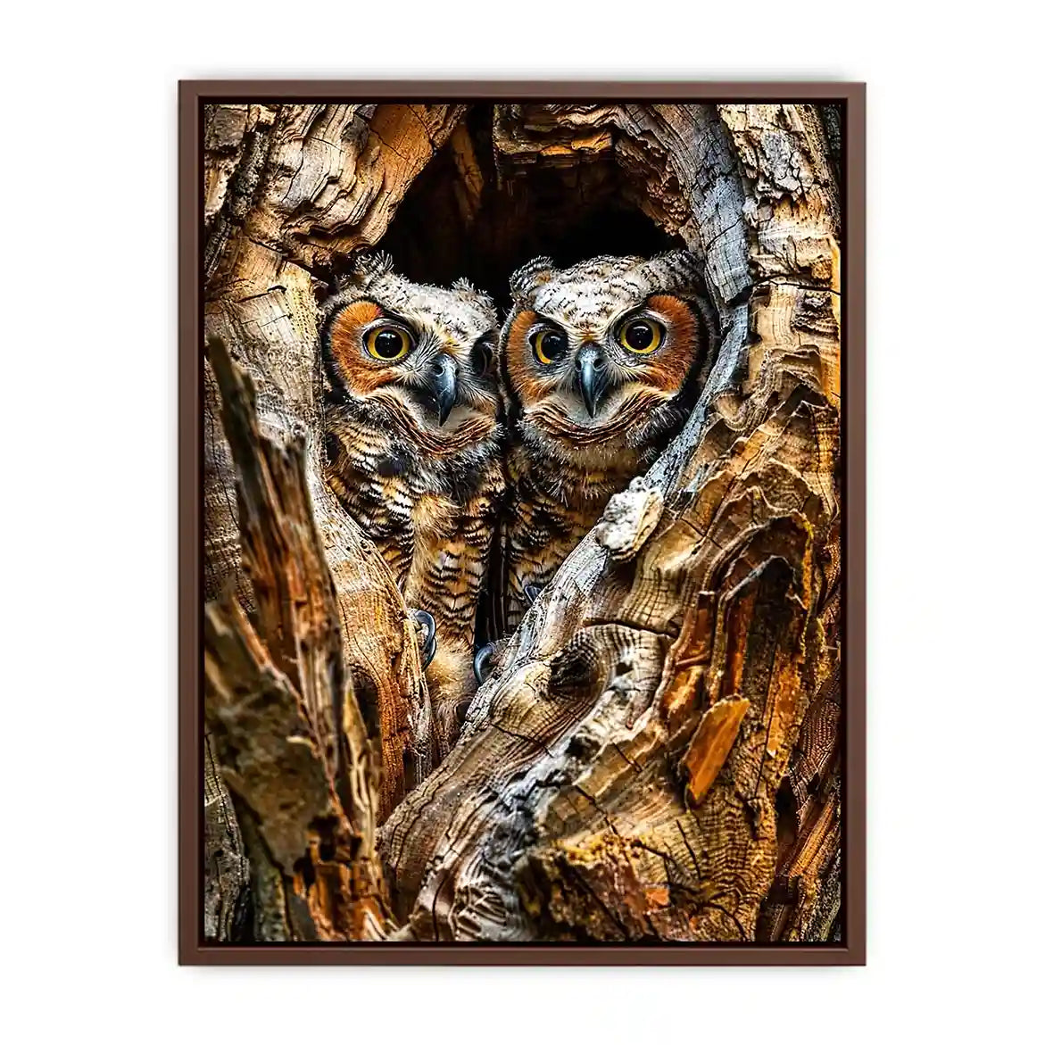 Two owls in tree hollow wildlife photography with soft natural tones rustic luxury wall art