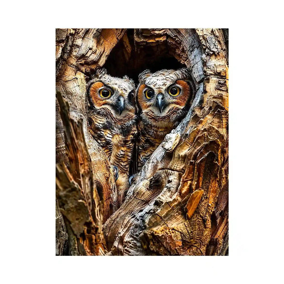 Two owls in tree hollow wildlife photography with soft natural tones rustic luxury wall art