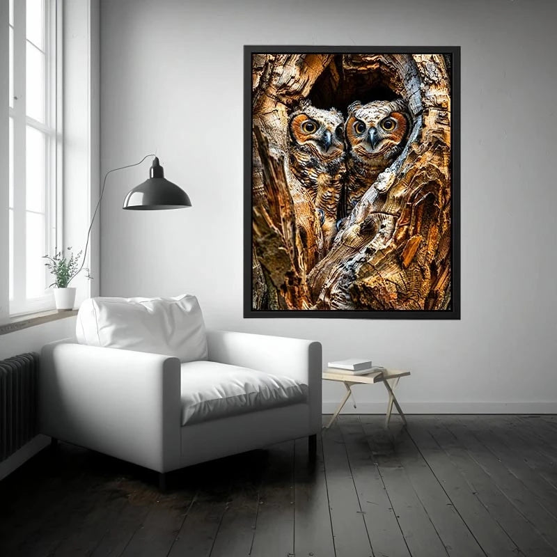 Two owls in tree hollow wildlife photography with soft natural tones rustic luxury wall art
