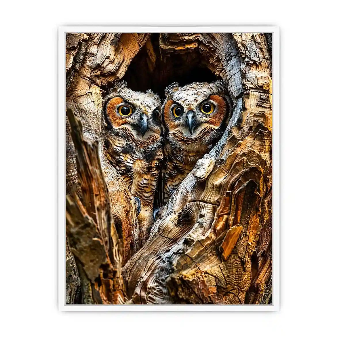 Two owls in tree hollow wildlife photography with soft natural tones rustic luxury wall art