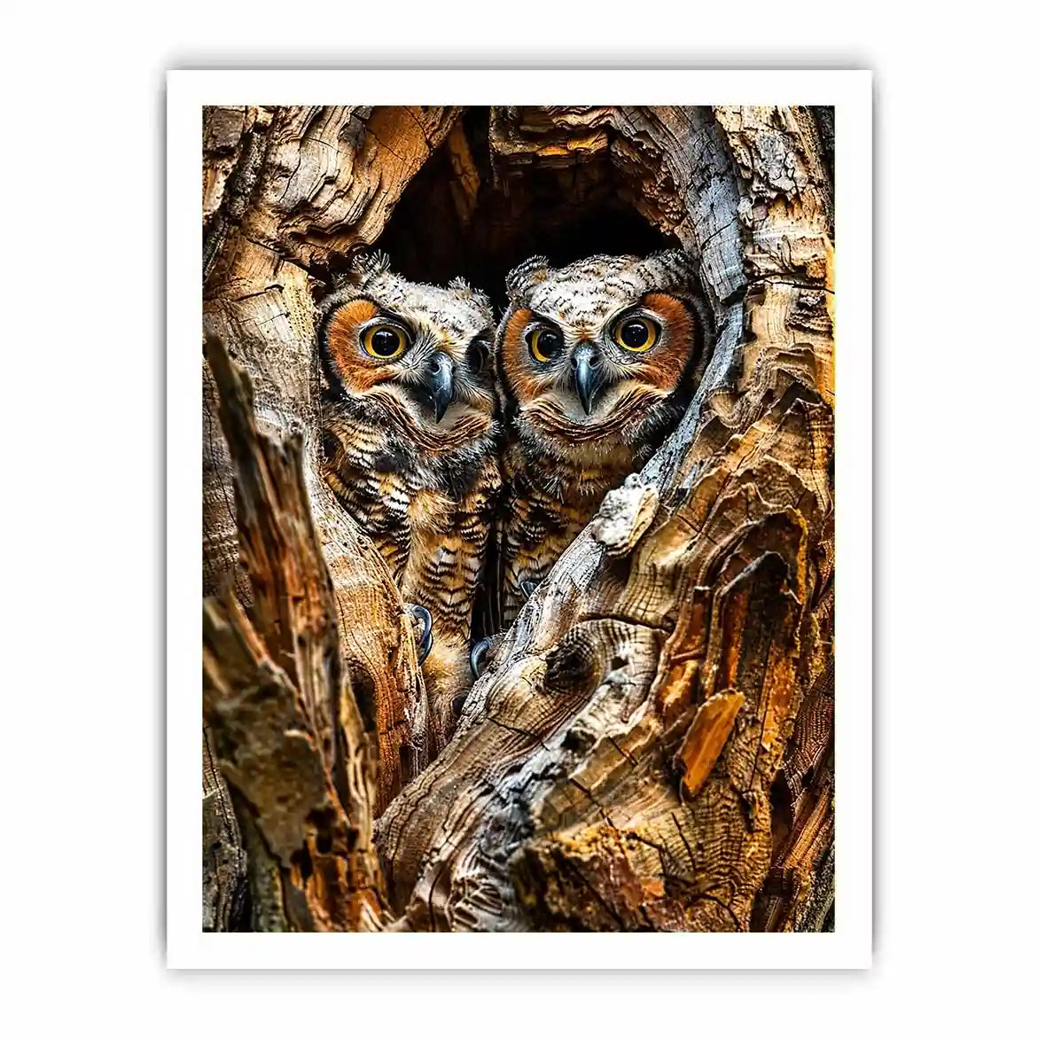 Two owls in tree hollow wildlife photography with soft natural tones rustic luxury wall art
