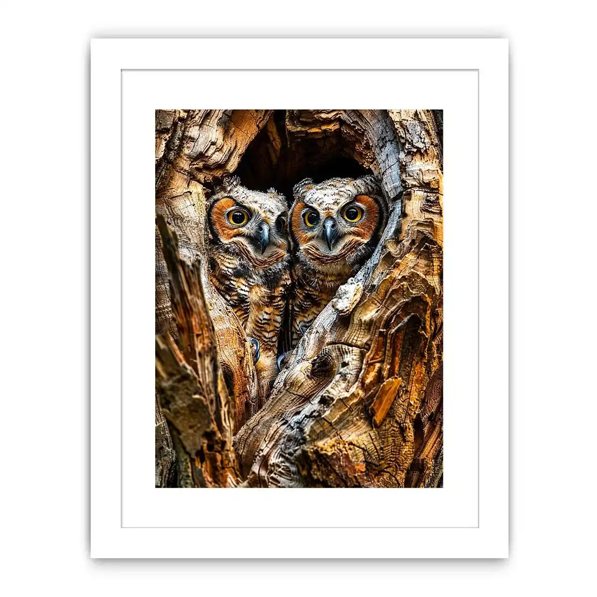 Two owls in tree hollow wildlife photography with soft natural tones rustic luxury wall art
