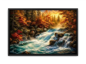 Autumn waterfall landscape painting with warm golden tones and flowing water luxury wall art