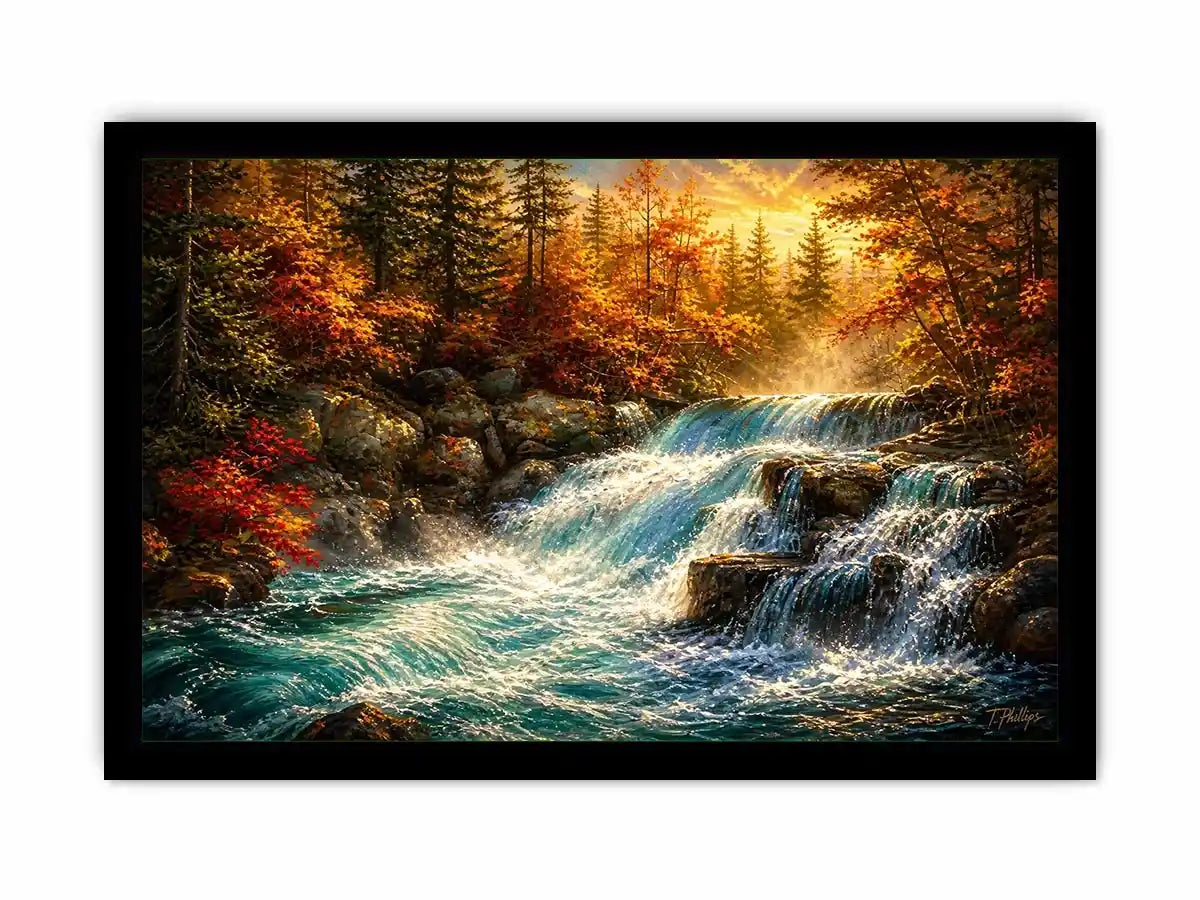 Autumn waterfall landscape painting with warm golden tones and flowing water luxury wall art