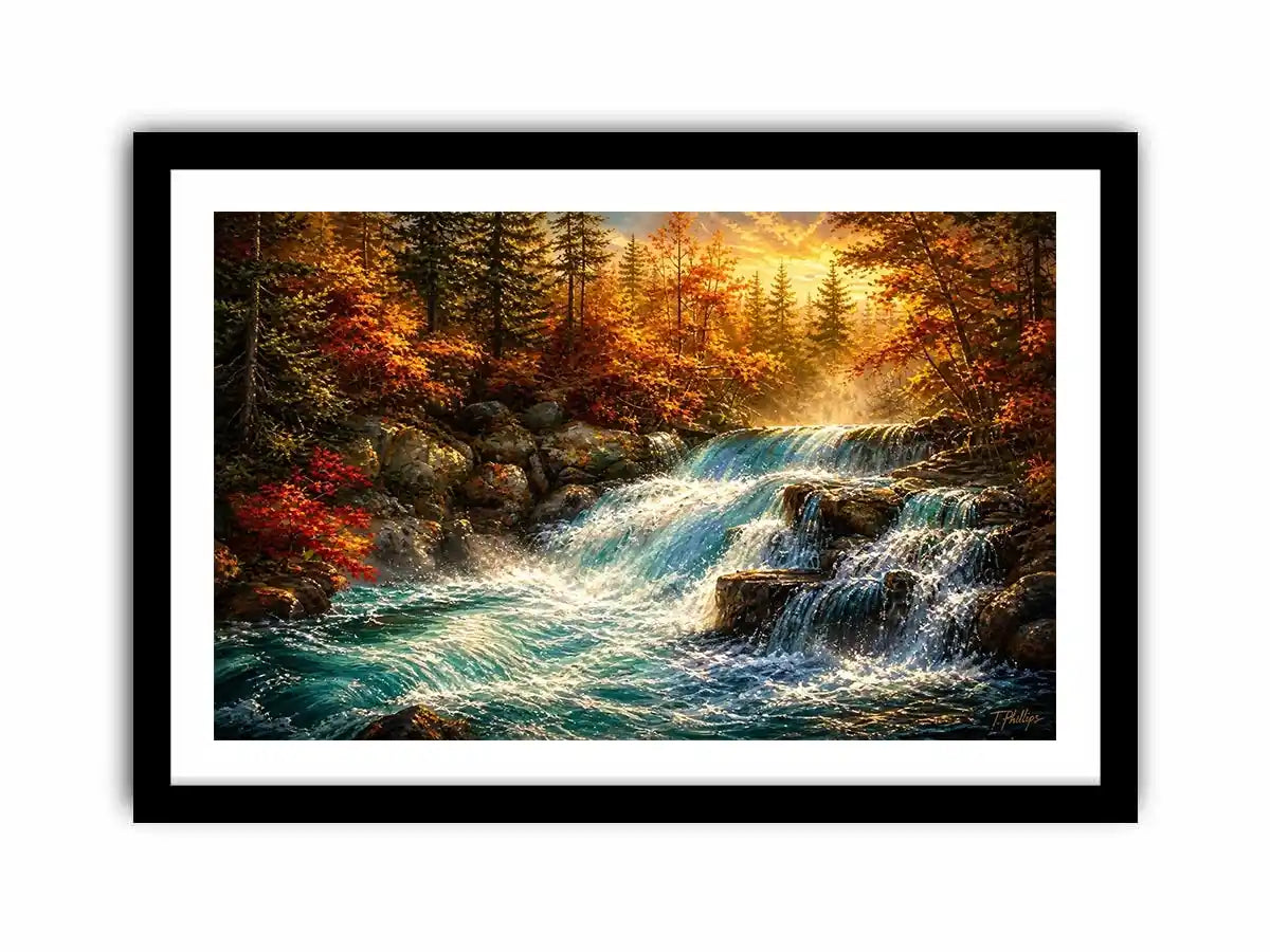 Autumn waterfall landscape painting with warm golden tones and flowing water luxury wall art