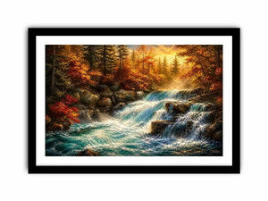 Autumn waterfall landscape painting with warm golden tones and flowing water luxury wall art