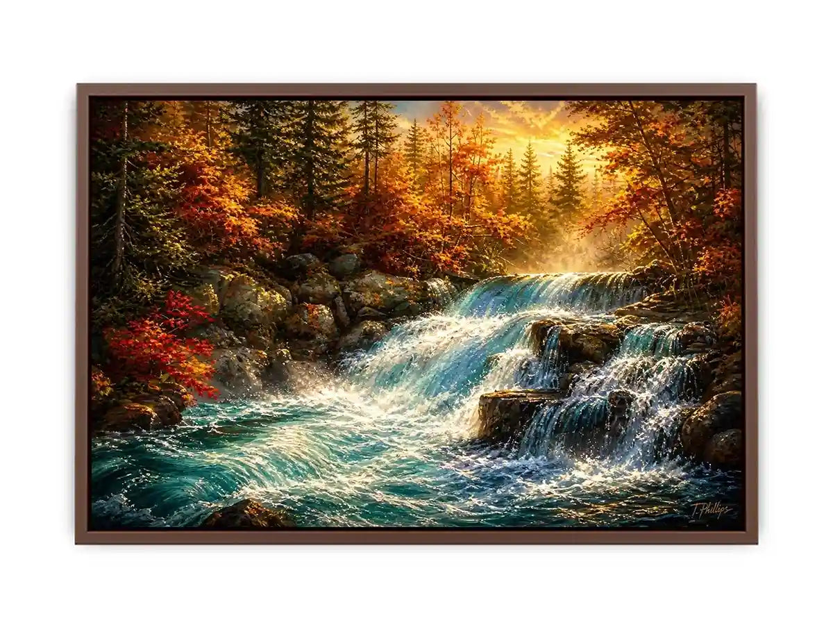 Autumn waterfall landscape painting with warm golden tones and flowing water luxury wall art