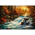 Autumn waterfall landscape painting with warm golden tones and flowing water luxury wall art