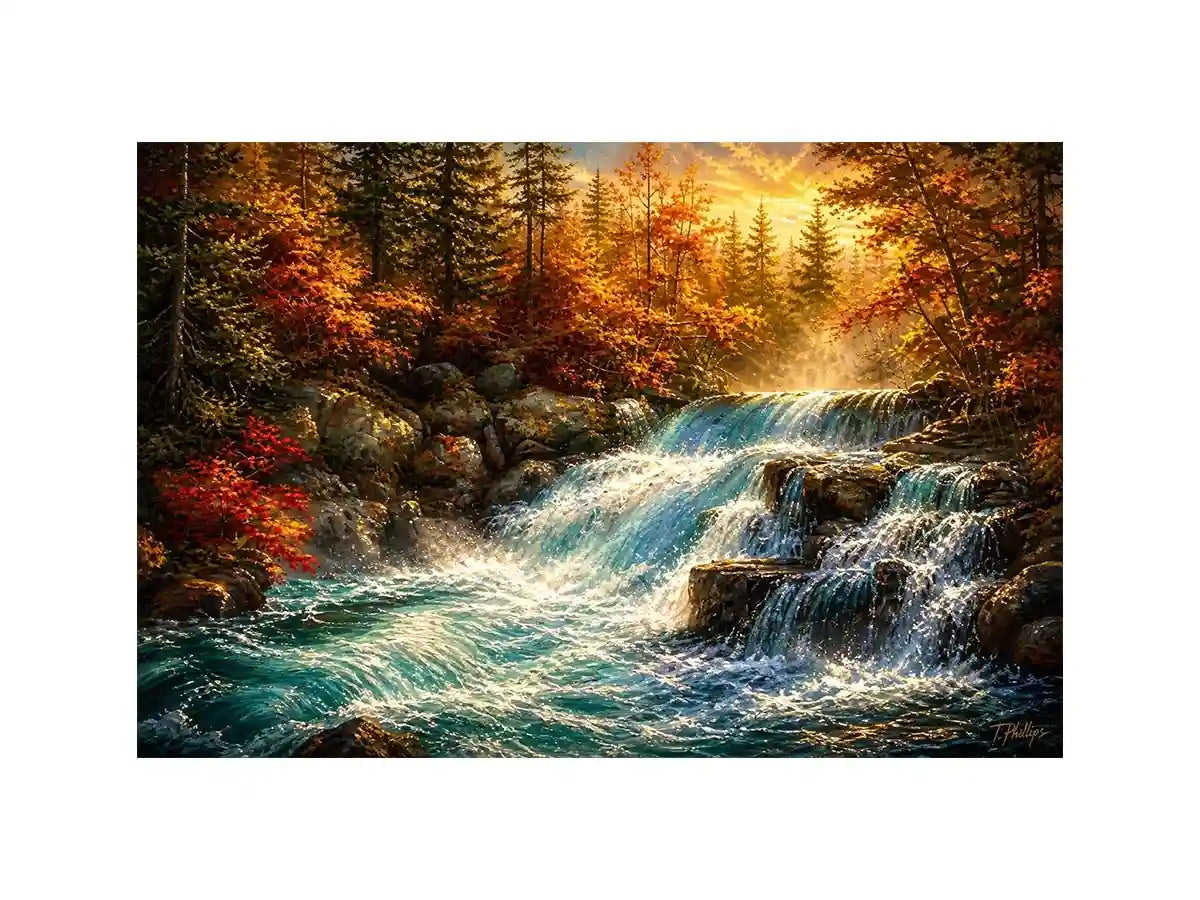 Autumn waterfall landscape painting with warm golden tones and flowing water luxury wall art
