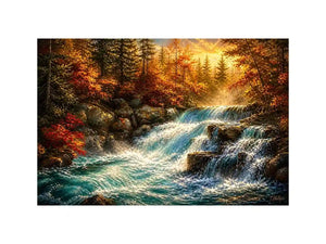 Autumn waterfall landscape painting with warm golden tones and flowing water luxury wall art