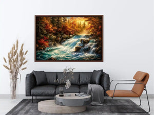 Autumn waterfall landscape painting with warm golden tones and flowing water luxury wall art