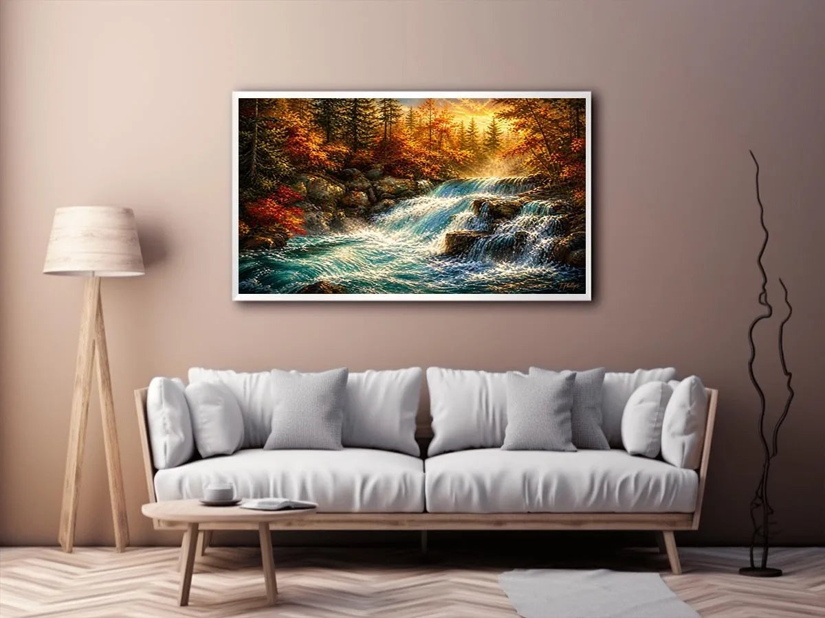 Autumn waterfall landscape painting with warm golden tones and flowing water luxury wall art