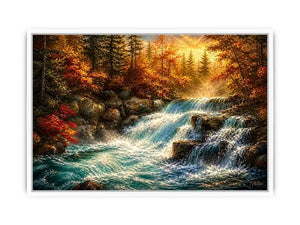 Autumn waterfall landscape painting with warm golden tones and flowing water luxury wall art