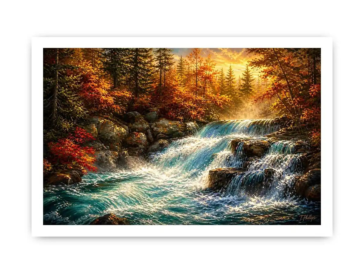 Autumn waterfall landscape painting with warm golden tones and flowing water luxury wall art