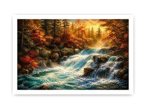 Autumn waterfall landscape painting with warm golden tones and flowing water luxury wall art
