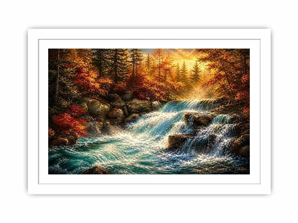 Autumn waterfall landscape painting with warm golden tones and flowing water luxury wall art