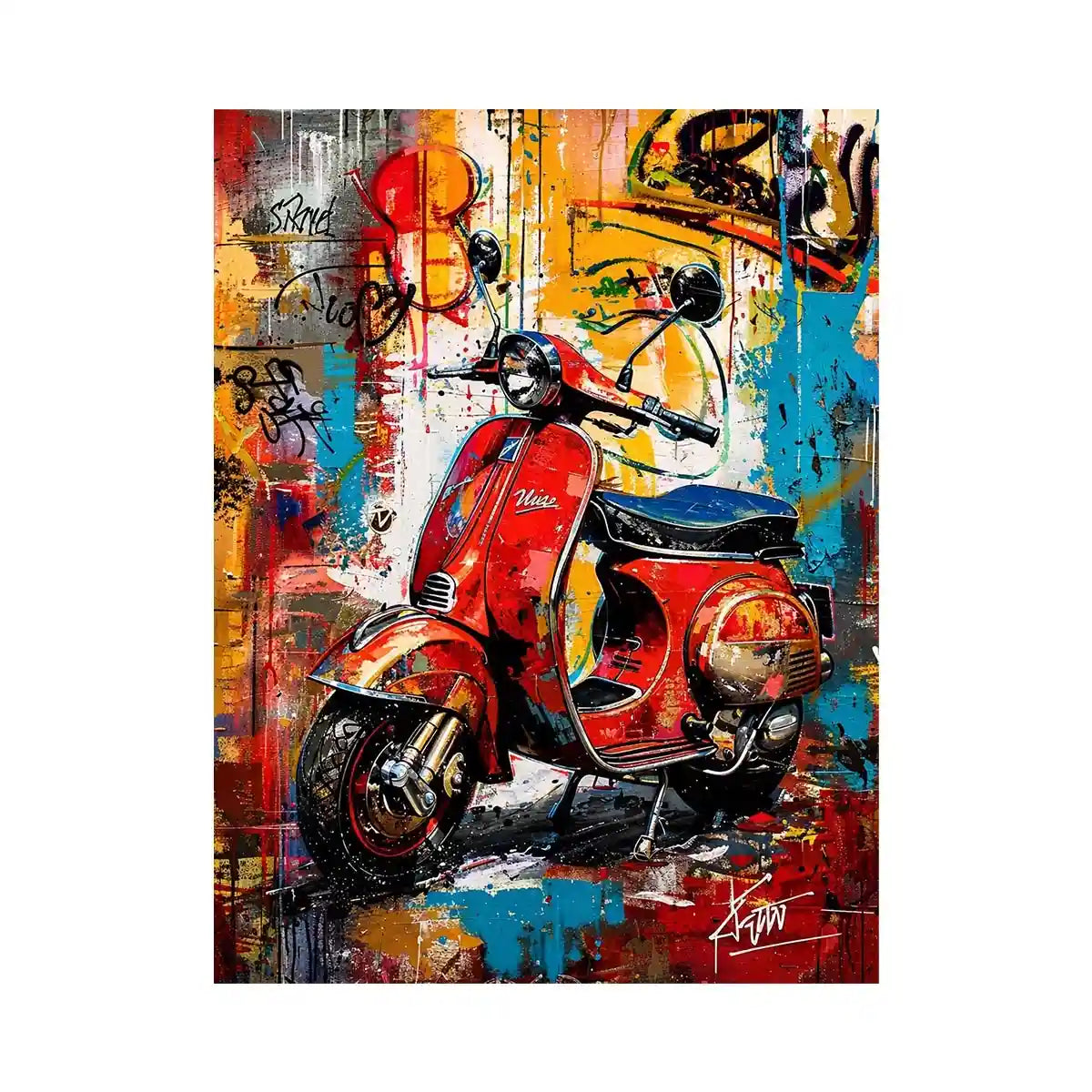 Red scooter pop art with graffiti background colorful urban luxury wall art