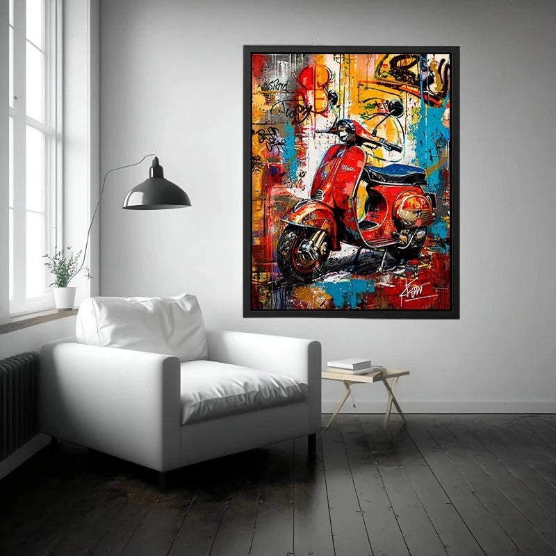 Red scooter pop art with graffiti background colorful urban luxury wall art