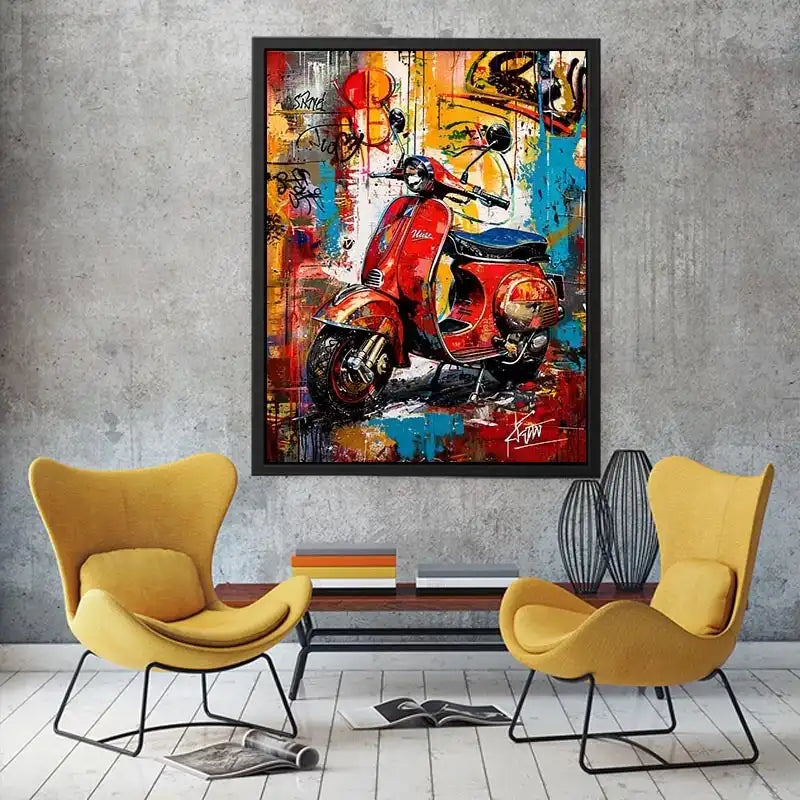Red scooter pop art with graffiti background colorful urban luxury wall art