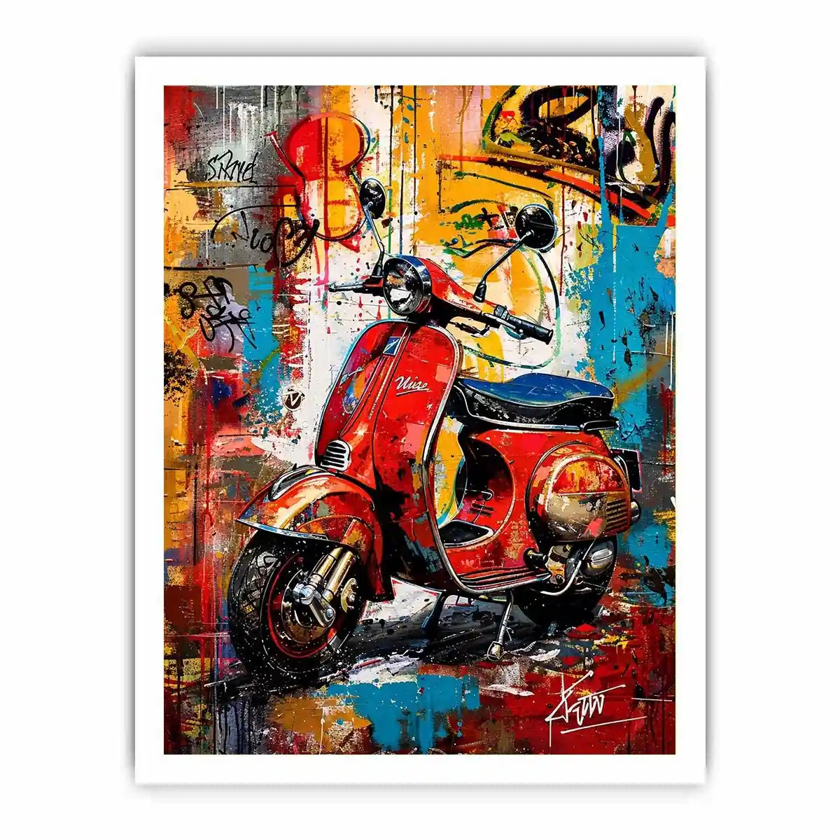 Red scooter pop art with graffiti background colorful urban luxury wall art