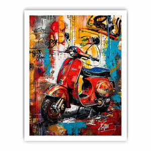 Red scooter pop art with graffiti background colorful urban luxury wall art