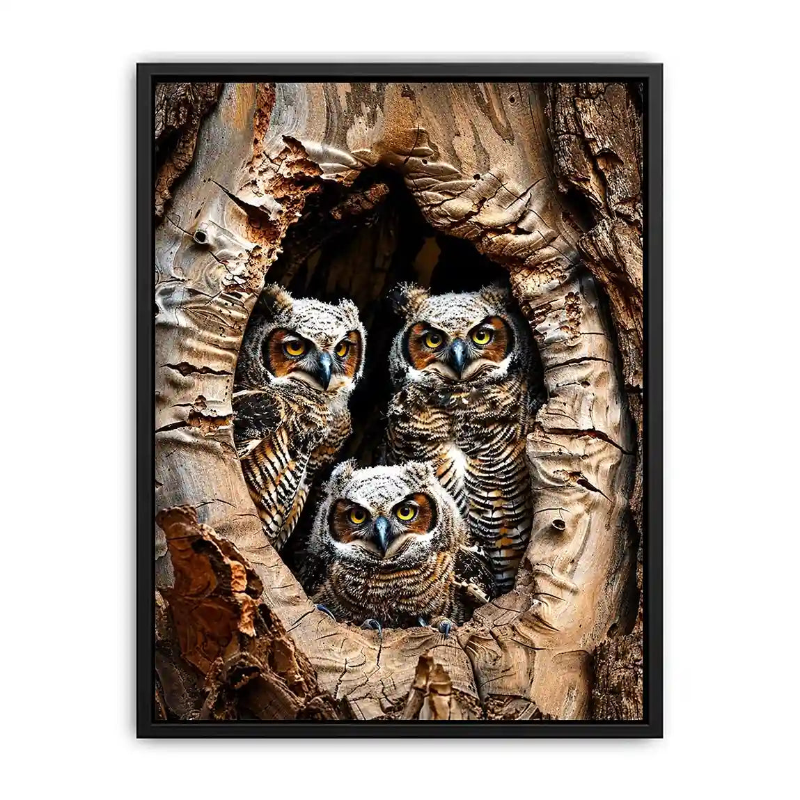 Owl family inside tree hollow detailed wildlife nature wall art