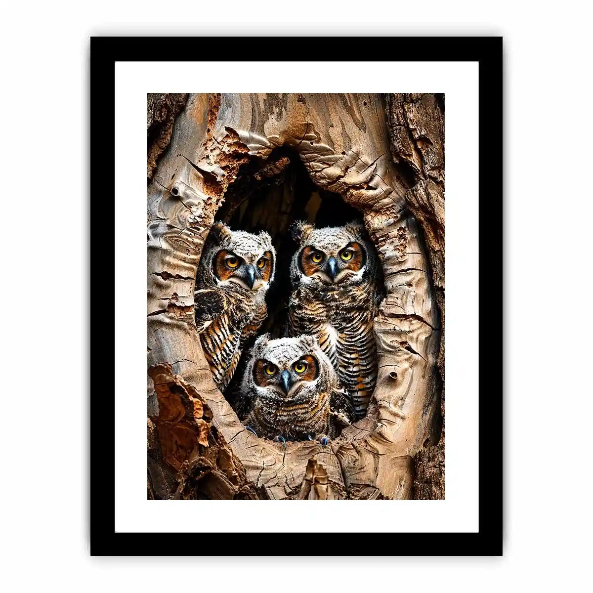 Owl family inside tree hollow detailed wildlife nature wall art