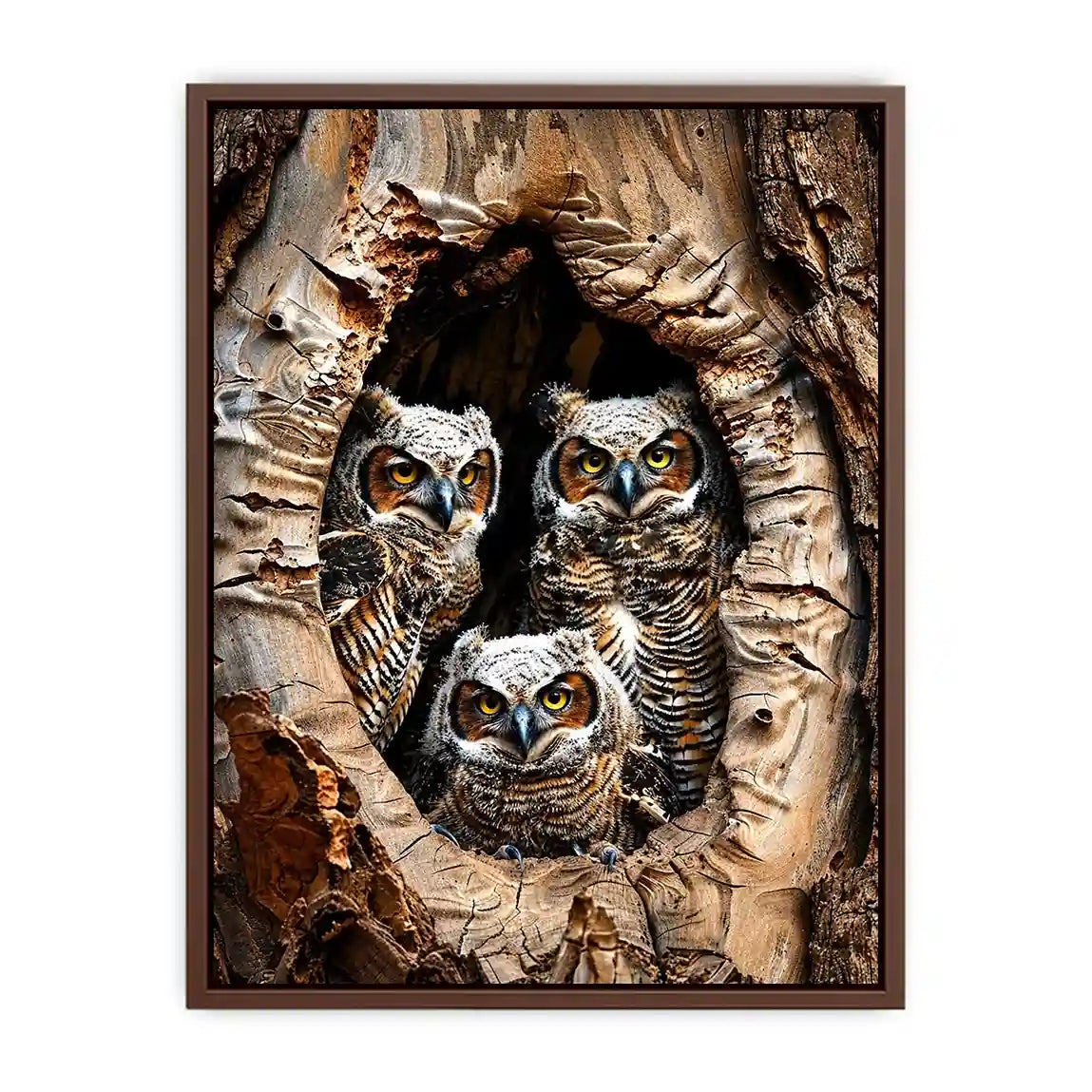Owl family inside tree hollow detailed wildlife nature wall art