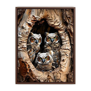 Owl family inside tree hollow detailed wildlife nature wall art