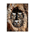 Owl family inside tree hollow detailed wildlife nature wall art