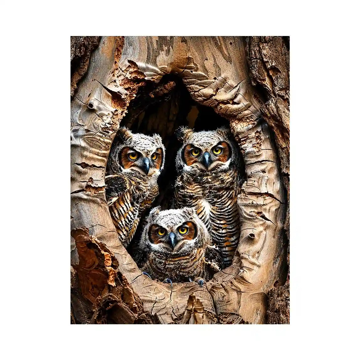 Owl family inside tree hollow detailed wildlife nature wall art