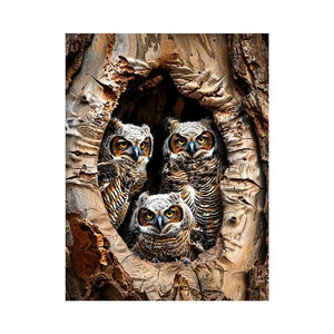 Owl family inside tree hollow detailed wildlife nature wall art