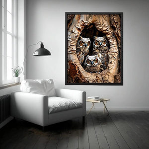 Owl family inside tree hollow detailed wildlife nature wall art