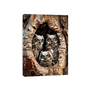 Owl family inside tree hollow detailed wildlife nature wall art