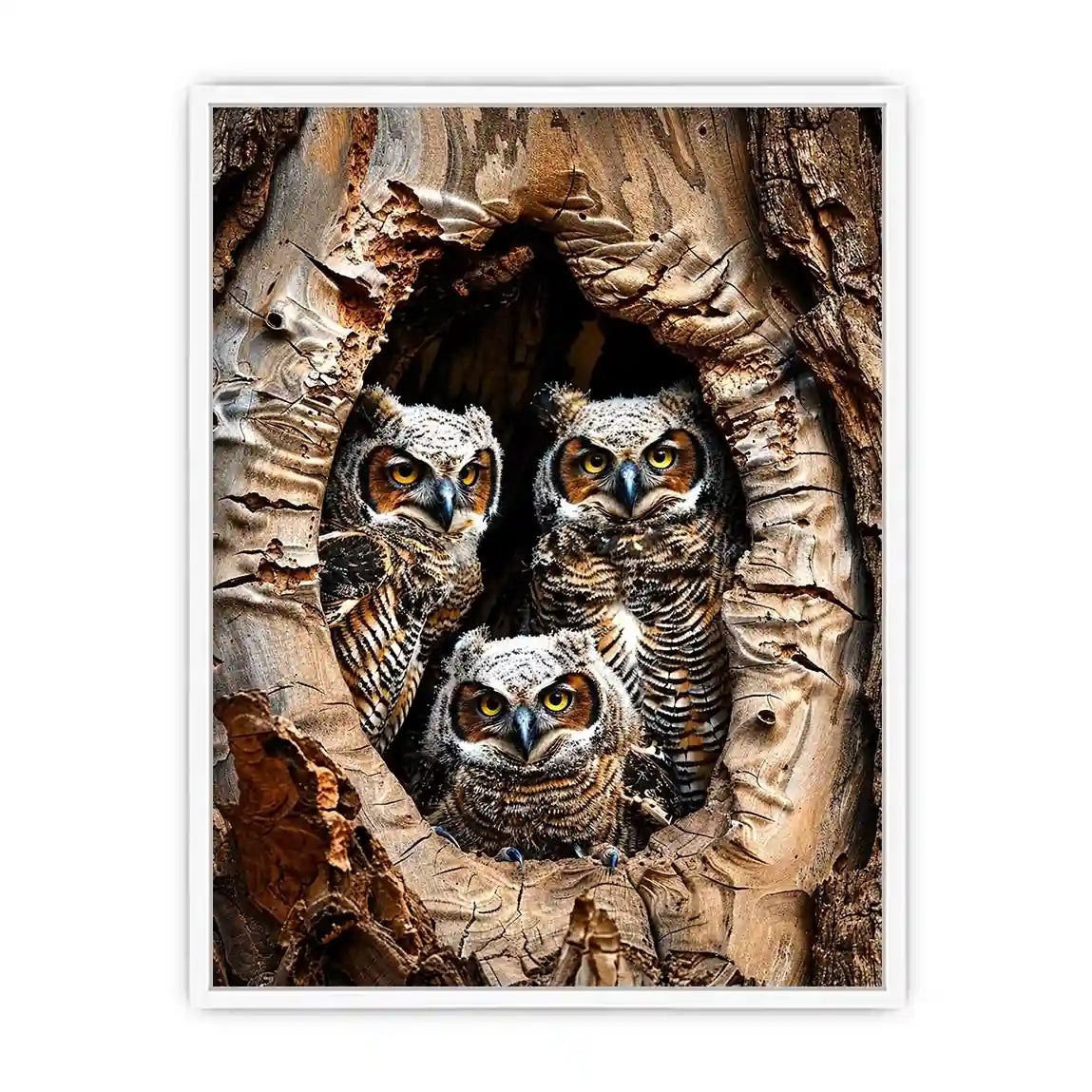 Owl family inside tree hollow detailed wildlife nature wall art